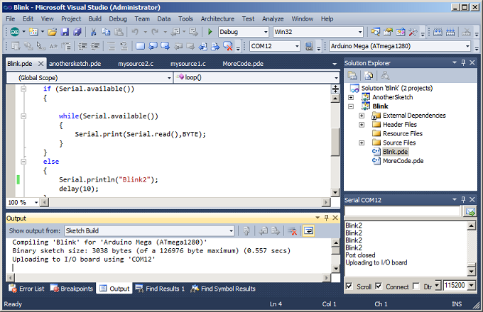 arduino for visual studio 2010 board and tool bars